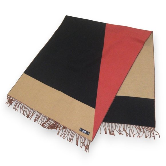 HERMES 100% Cashmere Fringe Blanket Large Stole Beige x Black Red - Picture 1 of 10